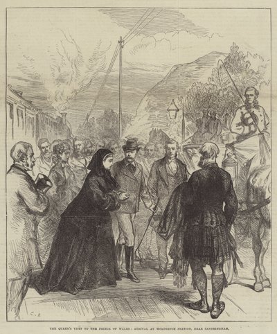 Het bezoek van de koningin aan de prins van Wales, aankomst op Wolferton Station, nabij Sandringham door Sir John Charles Robinson
